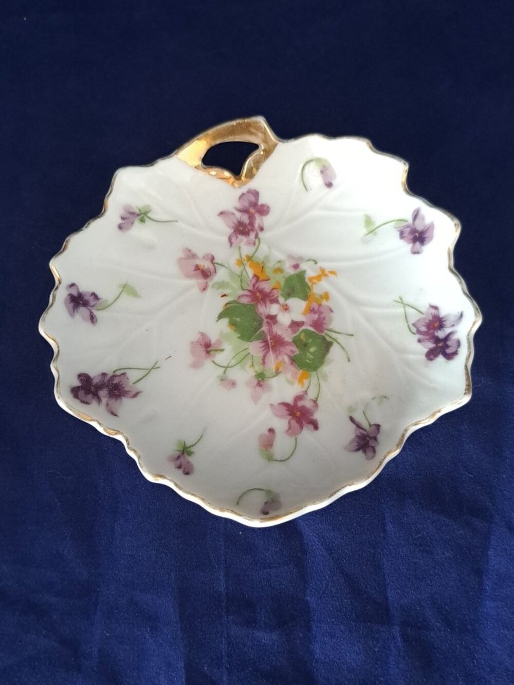 Vintage Norcrest Fine China Leaf Shaped Dish With Sweet Violets Design Gold Trim